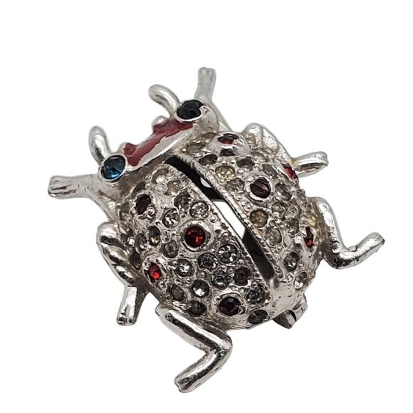 Vintage Coro Ladybug Perfume Sachet Brooch Rhinestone Tiny Bug Pin Silver Tone - Picture 9 of 11
